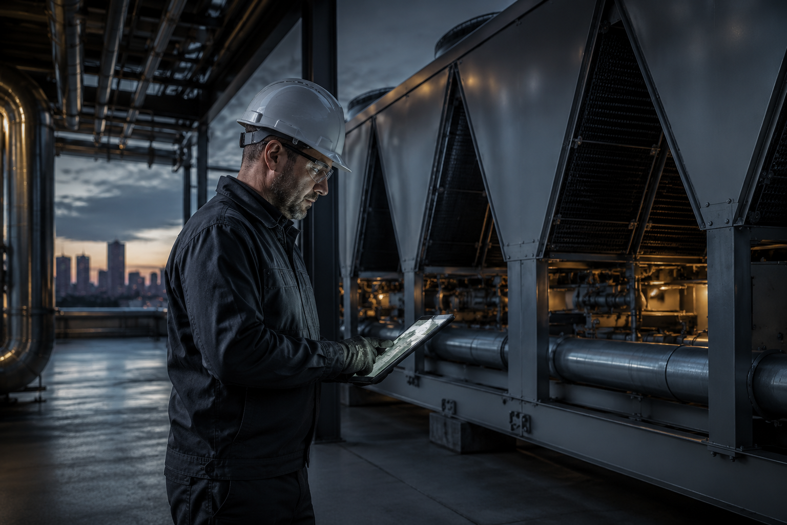 Technician reviewing maintenance program and commercial building assets